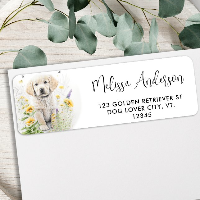 Golden Retriever Dog Puppy Flowers Return Address (Creator Uploaded)