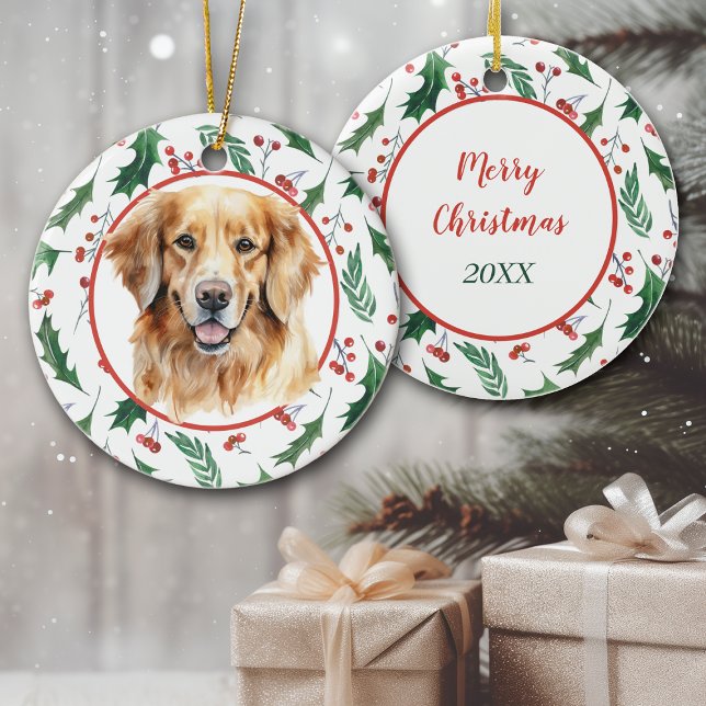 Golden Retriever Dog Red Berry Holly Border Ceramic Tree Decoration (Creator Uploaded)