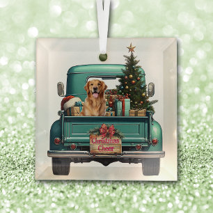 Golden Retriever Dog Retro Truck Christmas Glass Tree Decoration