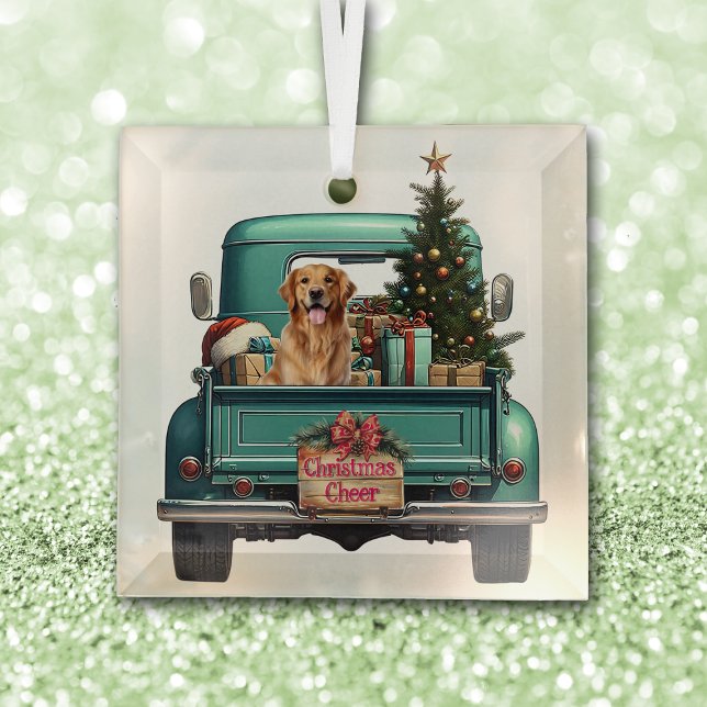 Golden Retriever Dog Retro Truck Christmas Glass Tree Decoration (Creator Uploaded)