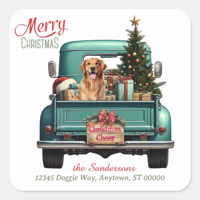 Golden Retriever Dog Retro Truck Christmas Square Square Sticker (Front)