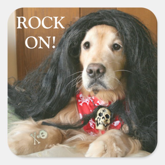 Golden Retriever Dog Rock On Halloween Costume Square Sticker (Front)