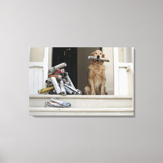 Golden retriever dog sitting at front door canvas print