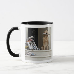 Golden retriever dog sitting at front door mug