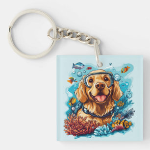 Golden Retriever Dog Snorkelling Coral Reef Key Ring