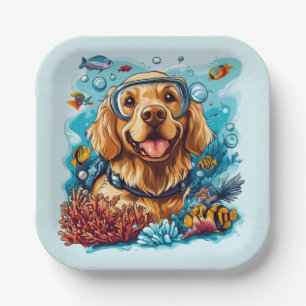 Golden Retriever Dog Snorkelling Coral Reef Paper Plate