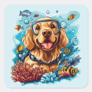 Golden Retriever Dog Snorkelling Coral Reef Square Sticker