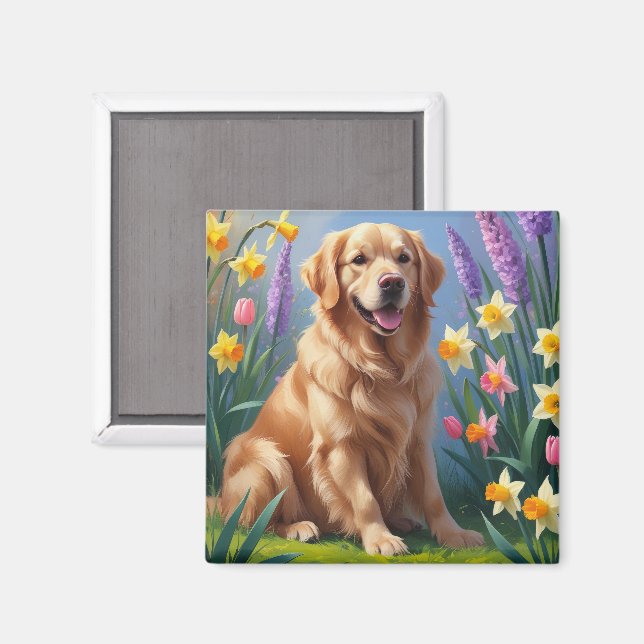 Golden Retriever Dog Spring Flowers Painting Magnet (Front/Back)