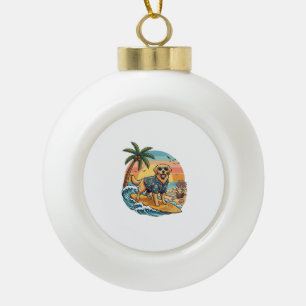 Golden Retriever Dog Surfing Surfboard Sunset Palm Ceramic Ball Christmas Ornament