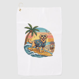 Golden Retriever Dog Surfing Surfboard Sunset Palm Golf Towel