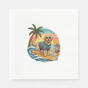 Golden Retriever Dog Surfing Surfboard Sunset Palm Napkin