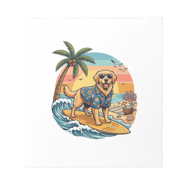 Golden Retriever Dog Surfing Surfboard Sunset Palm Notepad (Front)