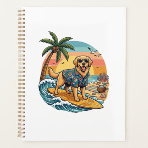 Golden Retriever Dog Surfing Surfboard Sunset Palm Planner
