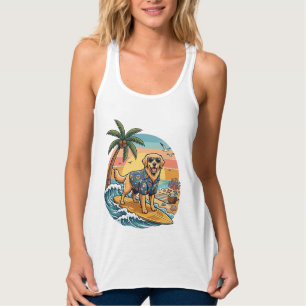 Golden Retriever Dog Surfing Surfboard Sunset Palm Singlet