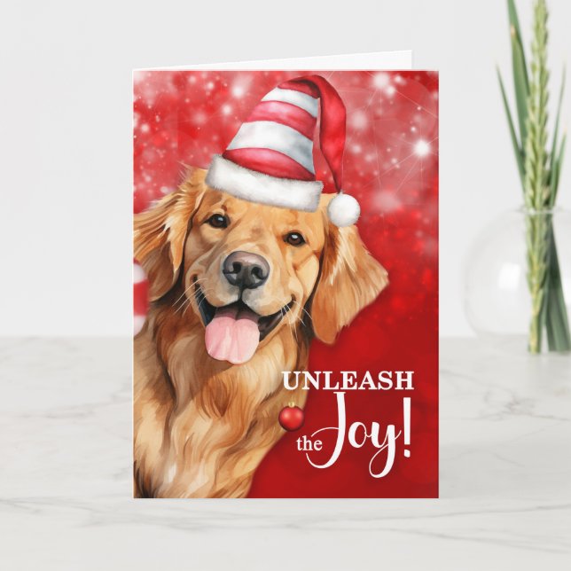 Golden Retriever Dog Unleash the Joy Christmas Holiday Card (Front)
