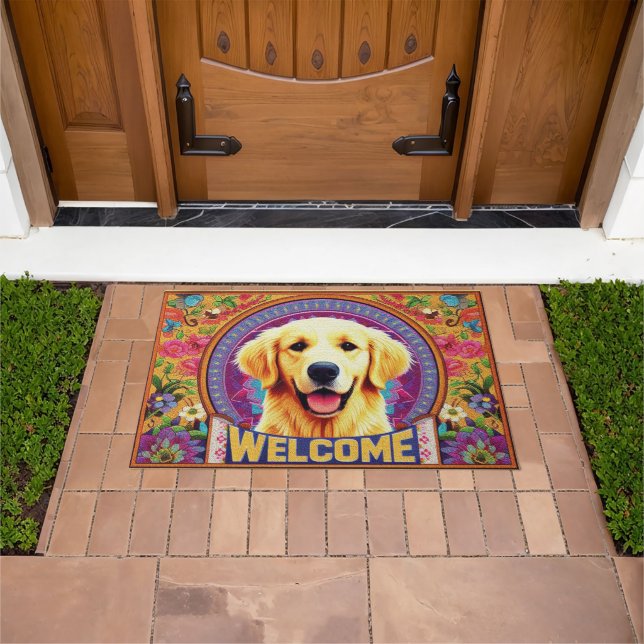 Golden Retriever Dog Welcome Floral Border Doormat (Outdoor)