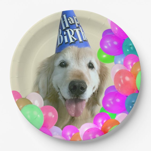 Golden Retriever Dog With Balloons Birthday Paper Plate (Front)