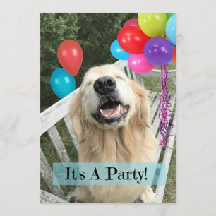 Golden Retriever Dog With Balloons Custom Birthday Invitation