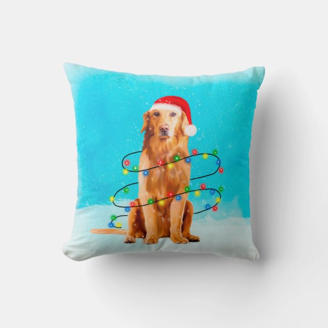 Golden Retriever Dog with Christmas Hat Cushion (Front)
