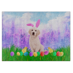 Golden Retriever Dog with Easter Eggs Bunny Chicks Cutting Board