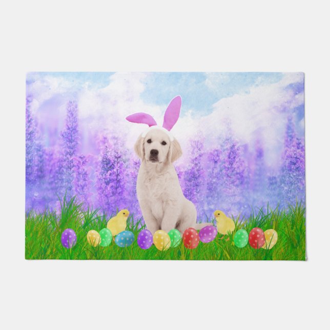 Golden Retriever Dog with Easter Eggs Bunny Chicks Doormat (Front)