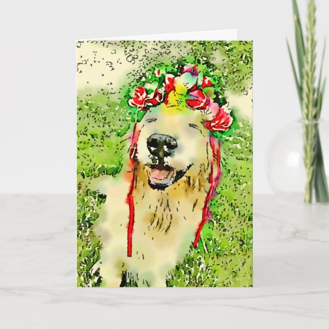 Golden Retriever Dog With Flower Crown Watercolor Card (Front)