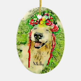 Golden Retriever Dog With Flower Crown Watercolor Ceramic Tree Decoration