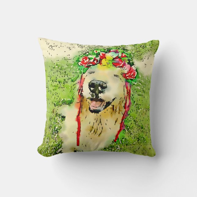 Golden Retriever Dog With Flower Crown Watercolor Cushion (Front)