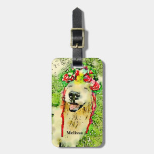 Golden Retriever Dog With Flower Crown Watercolor Luggage Tag