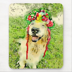 Golden Retriever Dog With Flower Crown Watercolor Mouse Pad