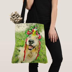 Golden Retriever Dog With Flower Crown Watercolor Tote Bag