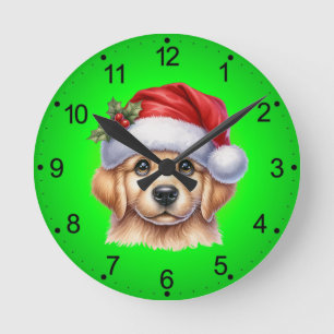 Golden Retriever Dog with Santa Claus Style Round Clock