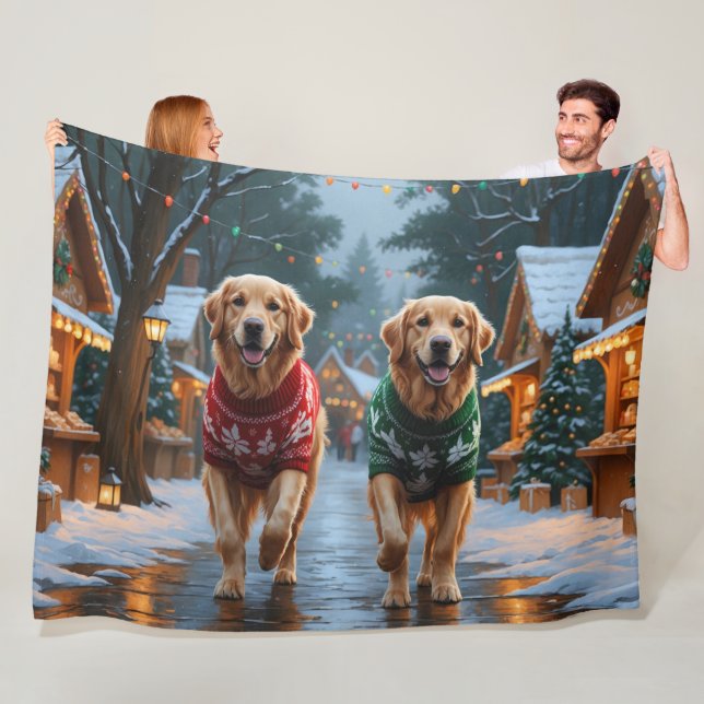 Golden Retriever Dogs Christmas Snow Holiday Fleece Blanket (In Situ)