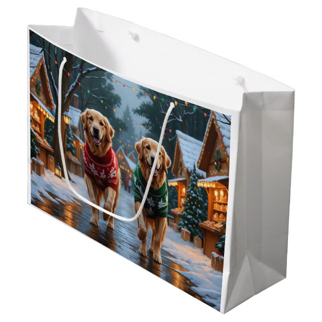 Golden Retriever Dogs Christmas Snow Holiday Large Gift Bag (Front Angled)