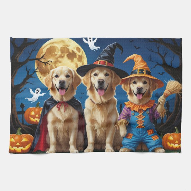 Golden Retriever Dogs Pumpkin Halloween Funny Tea Towel (Horizontal)