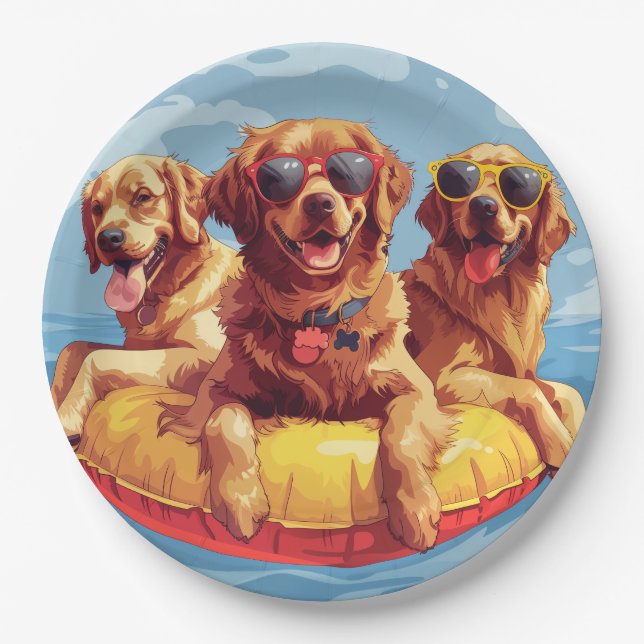 Golden Retriever Dogs Summer Pool Floaties Paper Plate (Front)