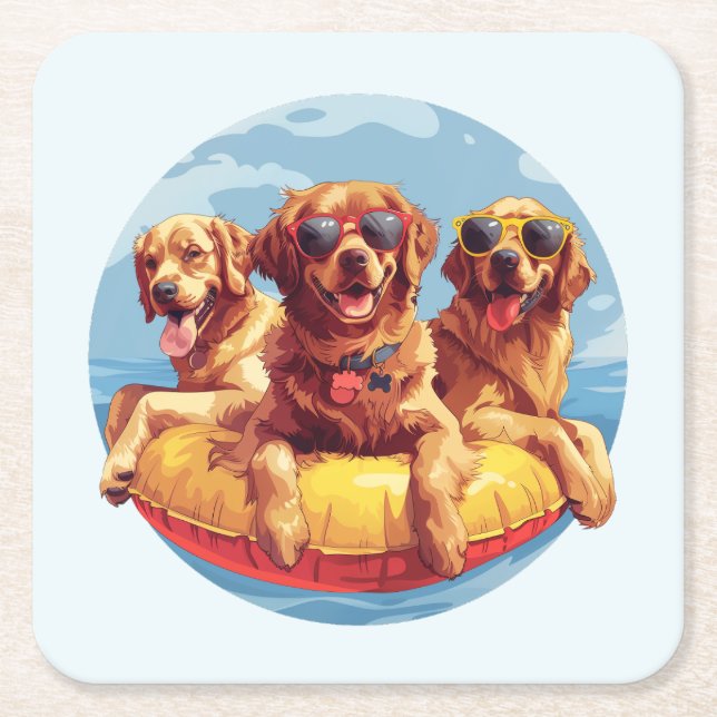 Golden Retriever Dogs Summer Pool Floaties Square Paper Coaster (Front)