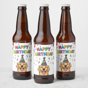 Golden Retriever Doodle Happy Birthday  Beer Bottle Label