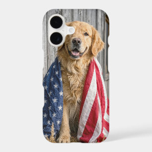 Golden Retriever Draped in an American Flag