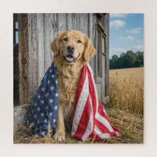 Golden Retriever Draped in an American Flag Jigsaw Puzzle