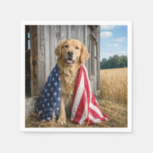 Golden Retriever Draped in an American Flag Napkin