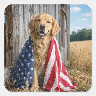 Golden Retriever Draped in an American Flag Square Sticker