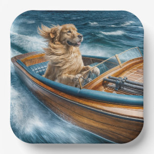 Golden Retriever Driving An Old Wooden Boat Paper Plate