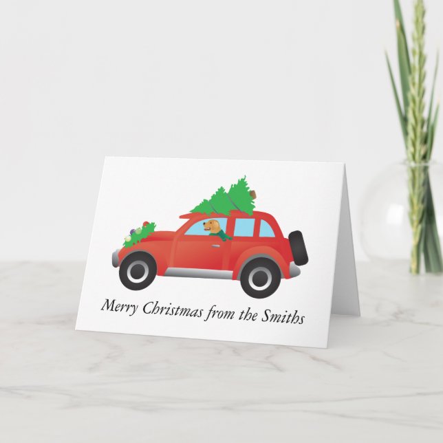 Golden Retriever Driving car with Christmas tree Holiday Card (Front)