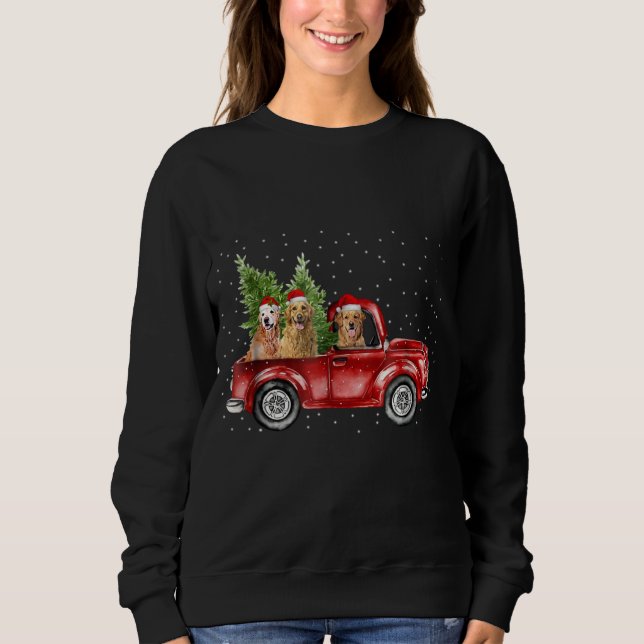 Golden Retriever Driving Red Truck Christmas Shirt (Front)
