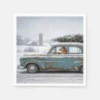 Golden Retriever Driving Retro Car with Pine Tree
