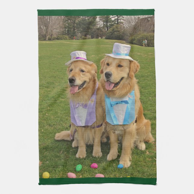 Golden Retriever Easter Egg Hunt Tea Towel (Vertical)