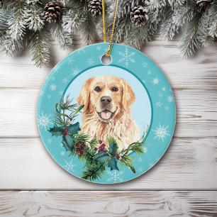 Golden Retriever Evergreen Blue Snowflake Ceramic Tree Decoration