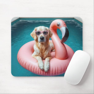 Golden Retriever Floating In a Flamingo Float Mouse Pad