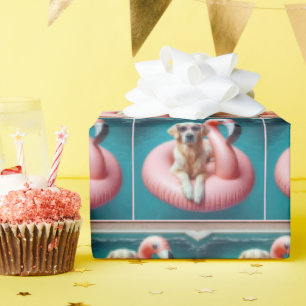 Golden Retriever Floating In a Flamingo Pool Toy Wrapping Paper